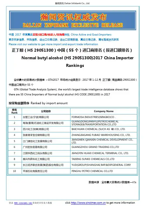 正丁醇(HS 29051300)2017 中国(55个)进口商排名(按进口额排名)