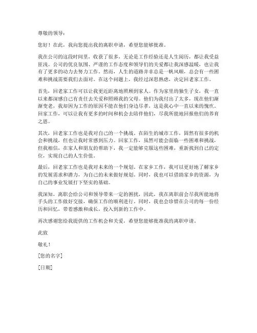 回老家工作离职申请书