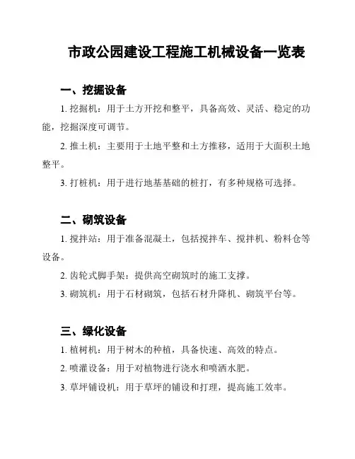 市政公园建设工程施工机械设备一览表