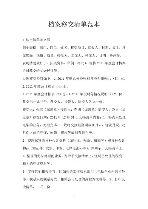 档案移交清单范本