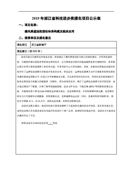 2019年浙江省科技进步奖提名项目公示表【模板】
