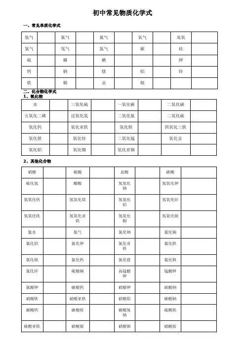 2020年初中化学常见物质化学式书写训练