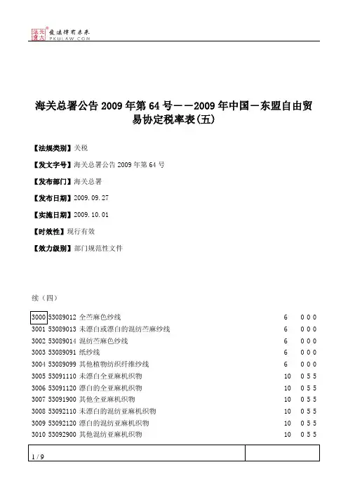 海关总署公告2009年第64号――2009年中国―东盟自由贸易协定税率表(五)