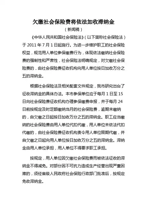 欠缴社会保险费将依法加收滞纳金(新闻稿)