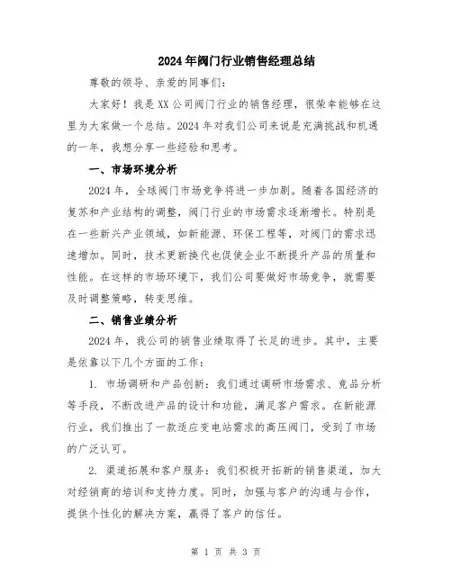 2024年阀门行业销售经理总结