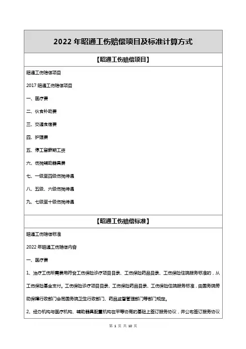 2022年昭通工伤赔偿项目及标准计算方式