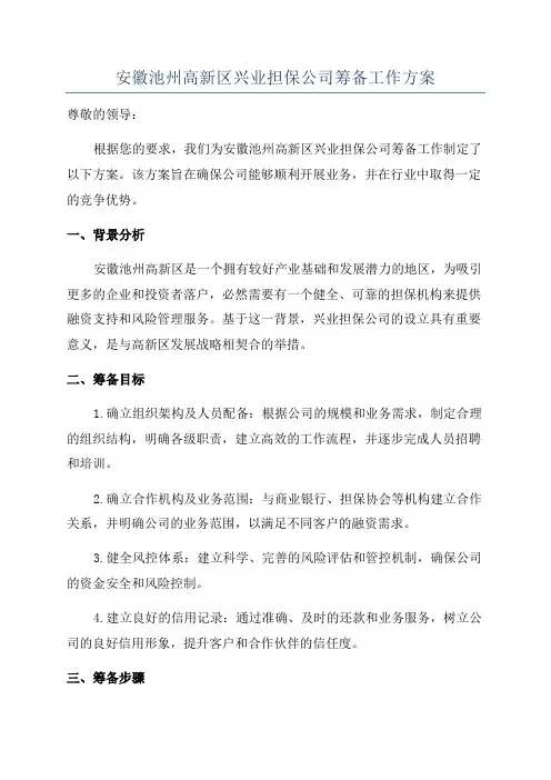 安徽池州高新区兴业担保公司筹备工作方案