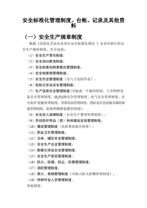 危化品企业安全管理制度、记录、台账目录