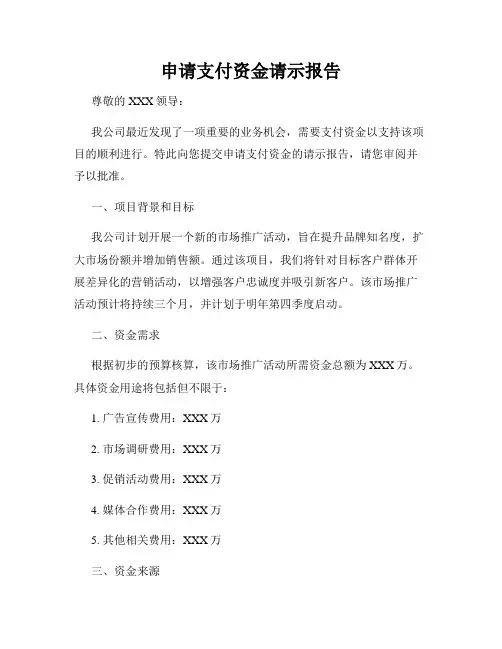 申请支付资金请示报告