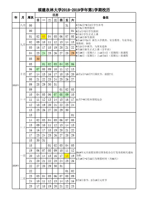 福建农林大学2018-2019学年第1学期校历