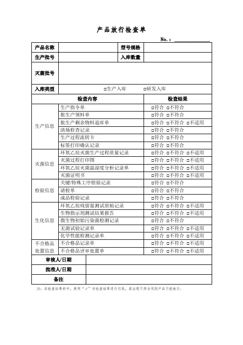 医疗器械质量管理体系记录模板-产品放行检查单