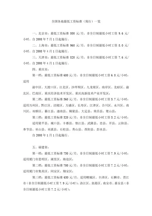 全国各地最低工资标准(现行)一览