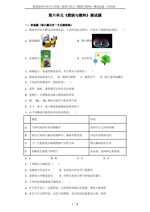 鲁教版初中化学九年级上册第六单元《燃烧与燃料》测试试题(含答案)