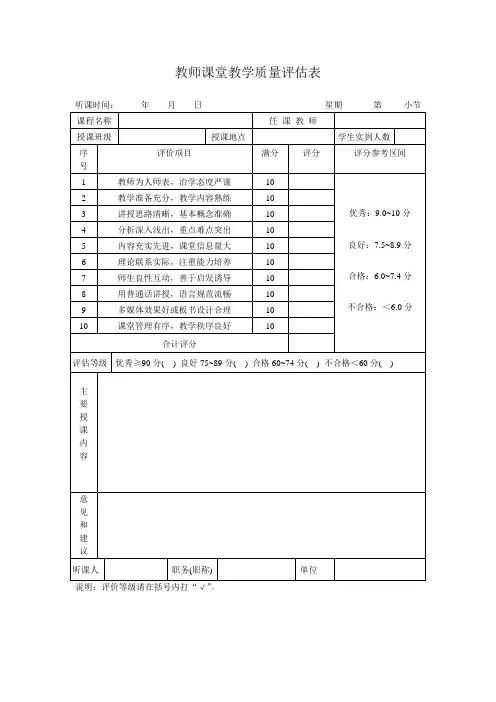 教师课堂教学质量评估表模板