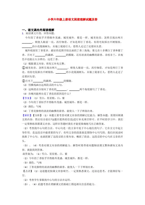小学六年级上册语文阅读理解试题及答