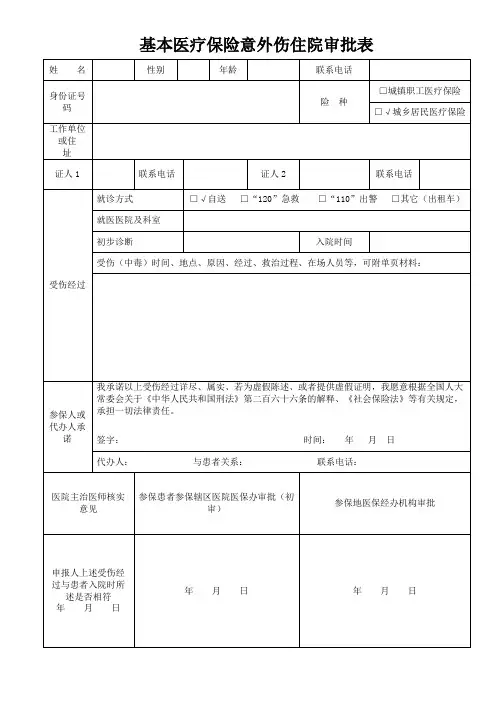 基本医疗保险意外伤住院审批表