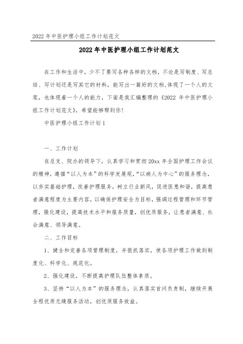 中医护理小组工作计划范文