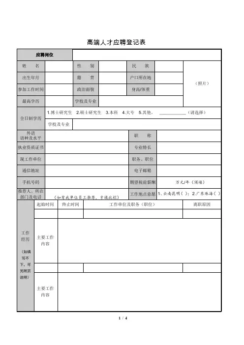 高端人才应聘登记表