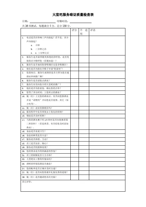 酒店大堂吧服务暗访质量检查表(五星标准)