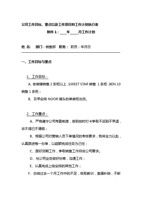 公司工作目标、重点以及工作项目和工作计划执行表