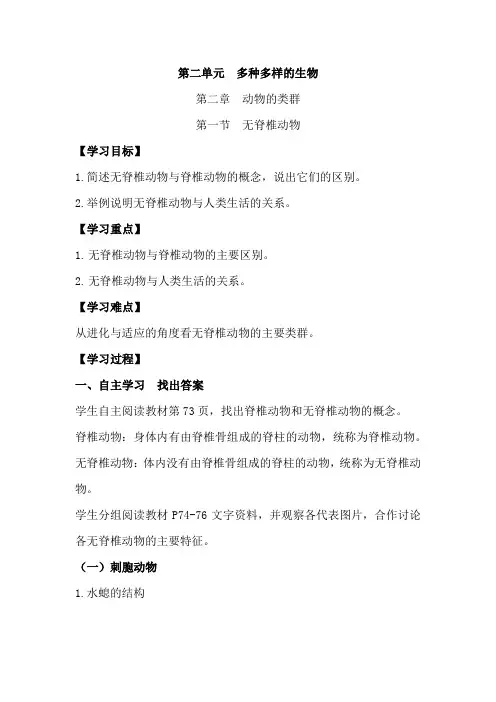 2.2.1无脊椎动物导学案-2024--2025学年人教版生物七年级上册