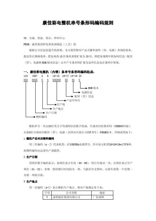 康佳彩电整机串号条形码编码规则