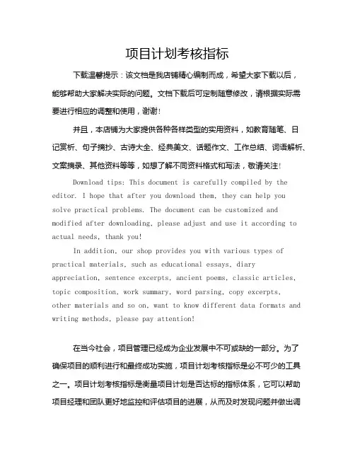 项目计划考核指标
