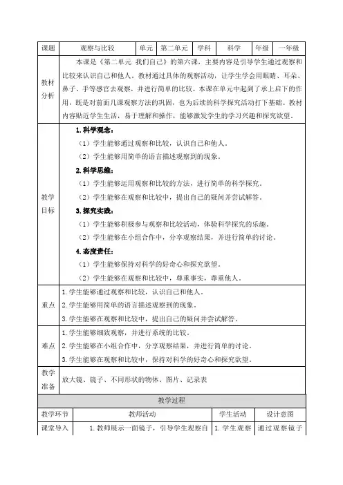 教科版(2024)一年级科学上册第二单元《6.观察与比较》精品教案