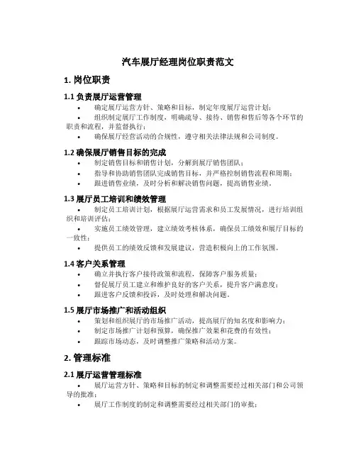 汽车展厅经理岗位职责范文