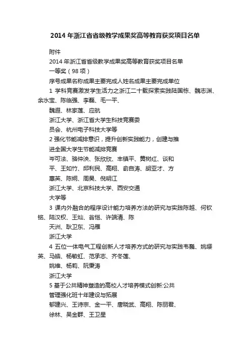 2014年浙江省省级教学成果奖高等教育获奖项目名单