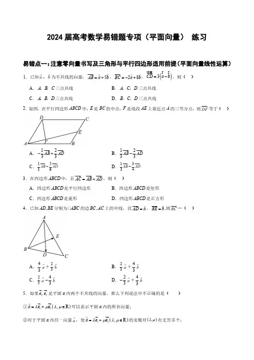 2024届高考数学易错题专项(平面向量) 练习(附答案)