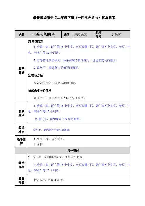 最新部编版语文二年级下册《一匹出色的马》优质教案
