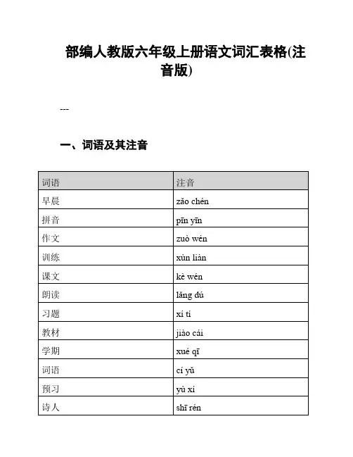 部编人教版六年级上册语文词汇表格(注音版)