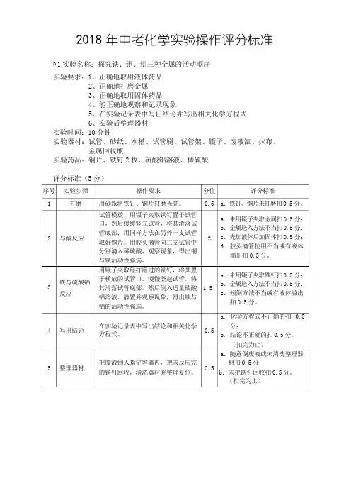 2018中考化学实验评分标准