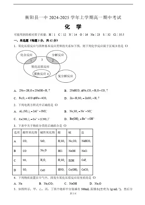 湖南省衡阳市衡阳县2024-2025学年高一上学期11月期中化学试题(含答案)
