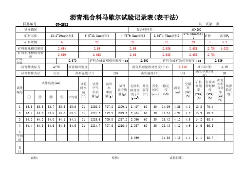 沥青混合料马歇尔试验计算表(带公式)