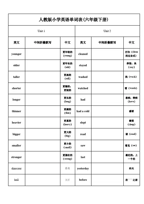 人教版小学英语单词表(六年级下册)默写背诵两用