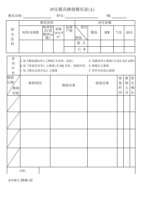 冲压模具维修履历表样板