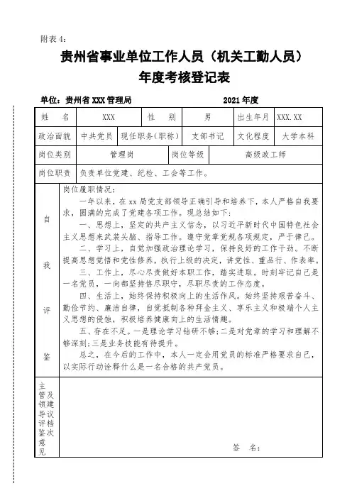 2021年度考核登记表(含岗位履职情况)