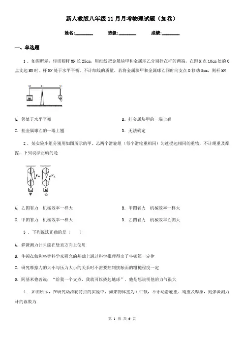 新人教版八年级11月月考物理试题(加卷)