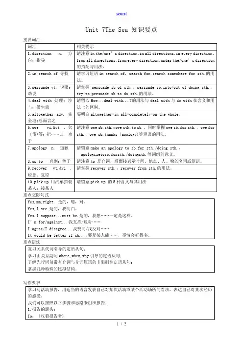 英语北师大版必修3 Unit7 The Sea 知识要点