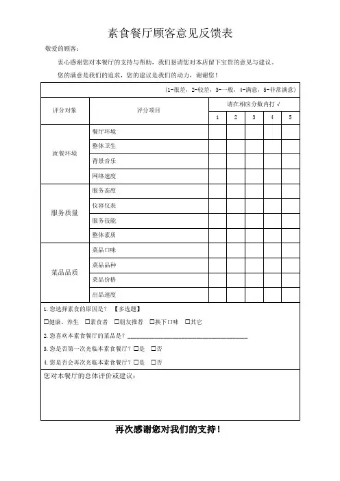 素食餐厅顾客意见反馈表