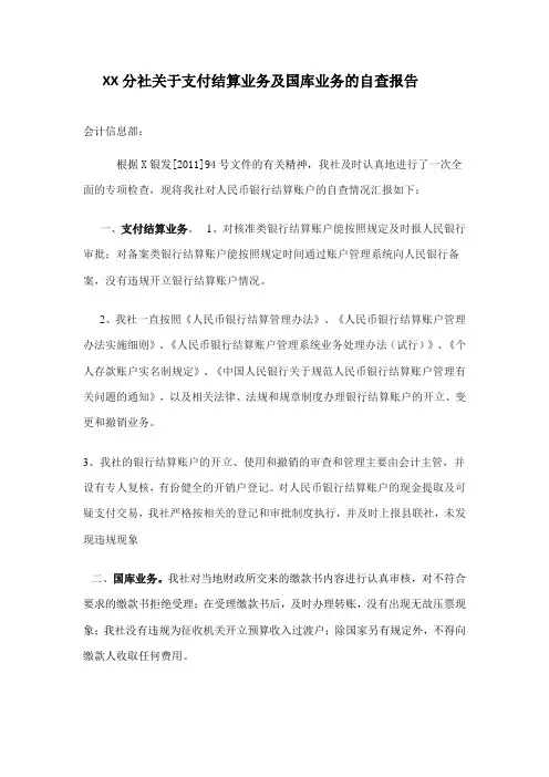 支付结算业务及国库业务自查报告