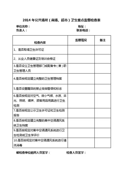 商场超市卫生监督检查表