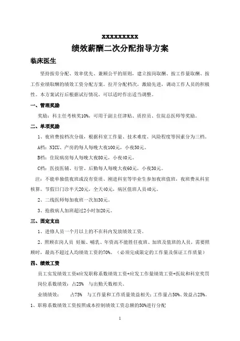xxx妇幼保健院绩效薪酬科室二次分配指导意见