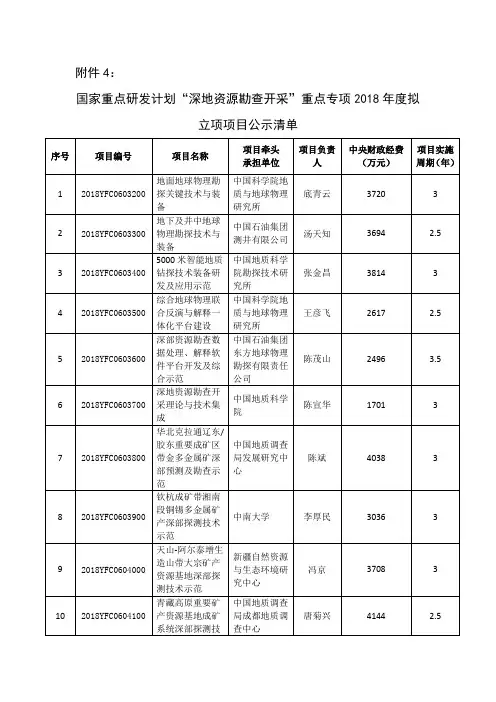 国家重点研发计划“深地资源勘查开采”重点专项2018年度拟立项项目公示清单