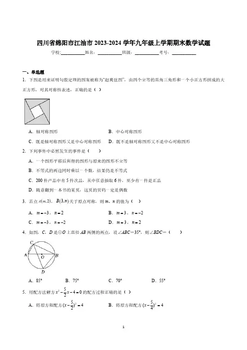 四川省绵阳市江油市2024届九年级上学期期末教学质量监测数学试卷(含解析)