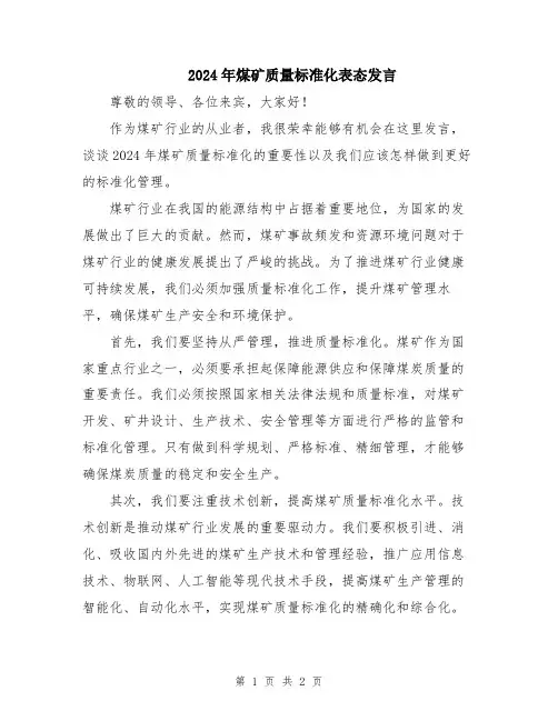 2024年煤矿质量标准化表态发言