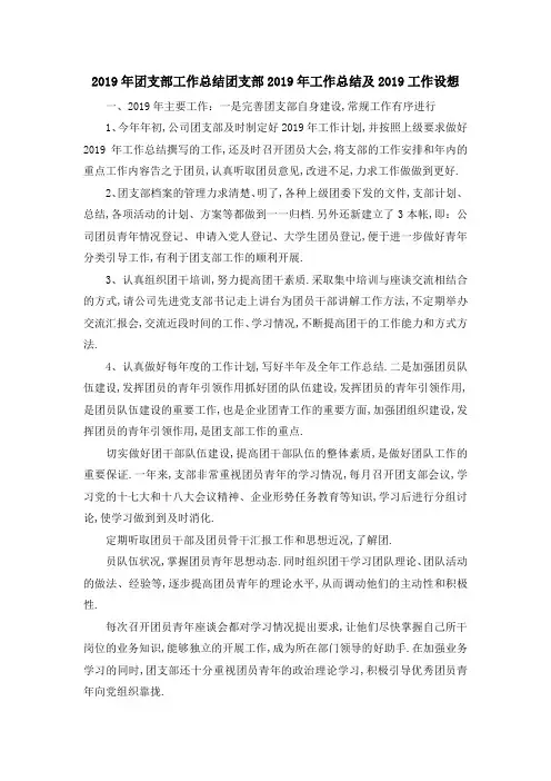 2019年团支部工作总结 团支部2019年工作总结及2019工作设想 精品