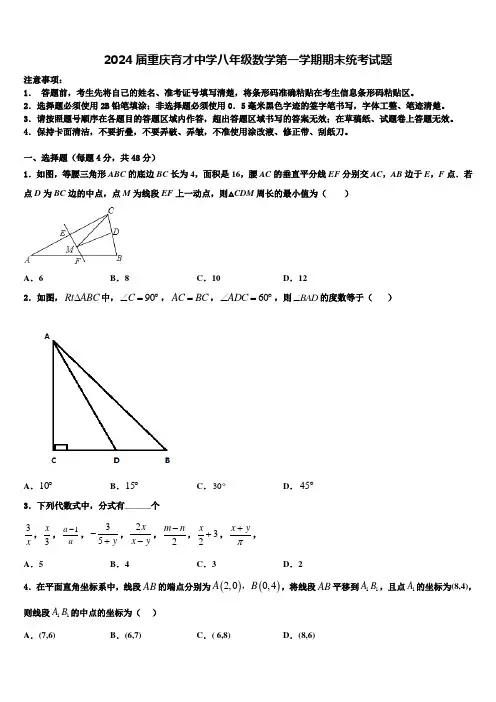 2024届重庆育才中学八年级数学第一学期期末统考试题含解析